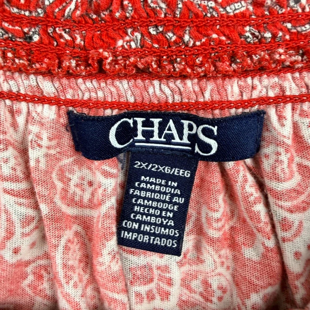 Chaps Women's 2X Red Paisley‎ Floral Cap Sleeve Blouse Top Cotton